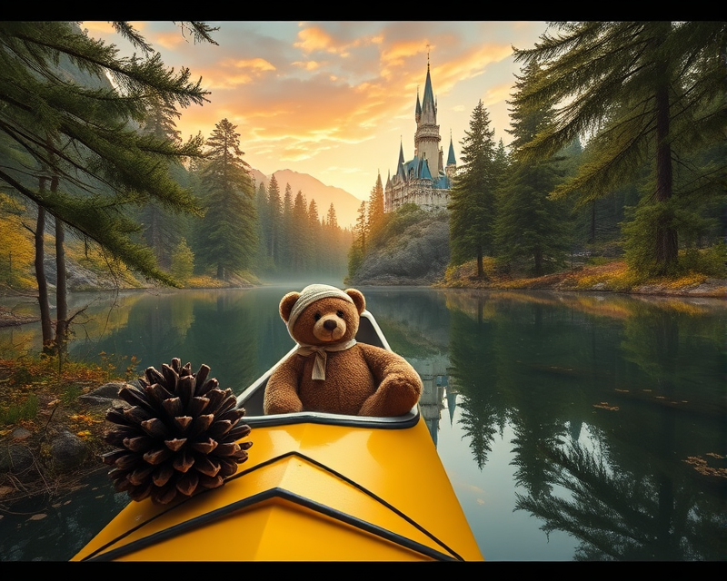 yellow, canoe, teddy bear, castle, pinecone